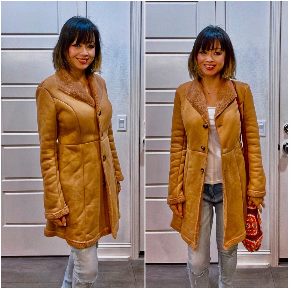 Camel Tan Shearling Lined Vegan Suede Jacket Coat - Picture 6 of 9